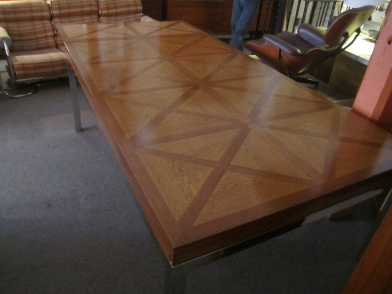 Custom Oak Parkay Top Dining Table on Chrome Support In Good Condition In Philadelphia, PA